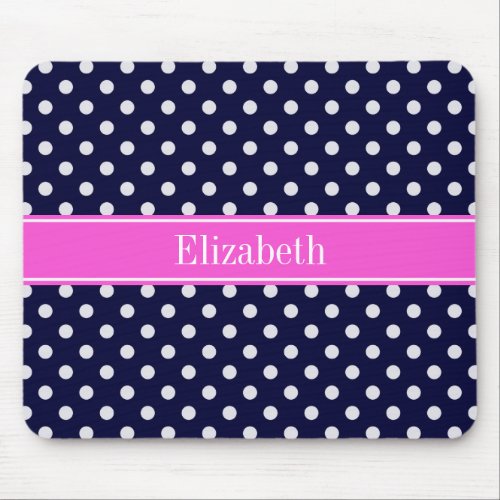 Navy White Polka Dots Hot Pink Ribbon Monogram Mouse Pad