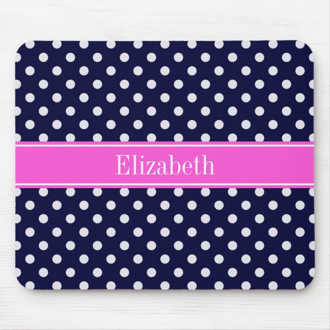 Navy White Polka Dots Hot Pink Ribbon Monogram Mouse Pad (Front)