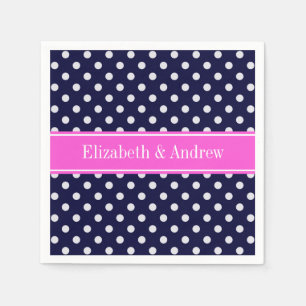 Navy White Polka Dots Hot Pink Ribbon Monogram Napkins