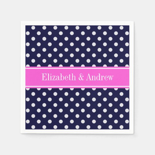 Navy White Polka Dots Hot Pink Ribbon Monogram Napkins