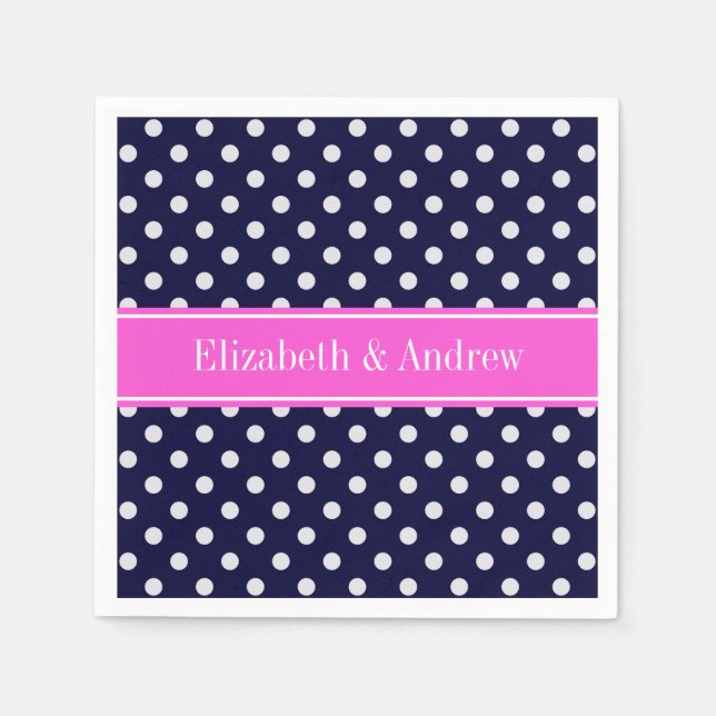 Navy White Polka Dots Hot Pink Ribbon Monogram Napkins (Front)