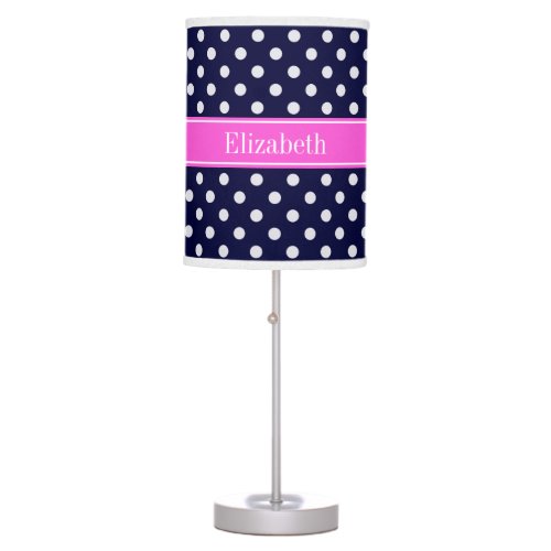 Navy White Polka Dots Hot Pink Ribbon Monogram Table Lamp