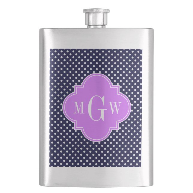 Navy White Polka Dots Lilac Quatrefoil 3 Monogram Flask (Front)