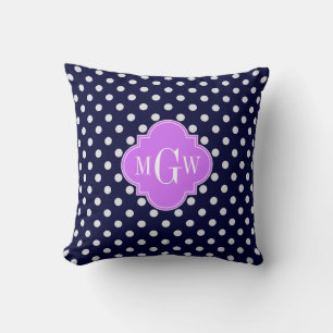 Navy White Polka Dots Lilac Quatrefoil 3 Monogram Throw Pillow