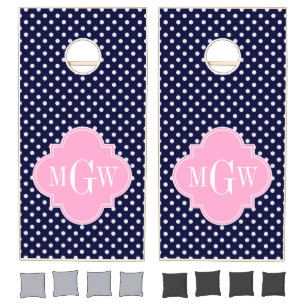 Navy White Polka Dots Pink Quatrefoil 3 Monogram Cornhole Set