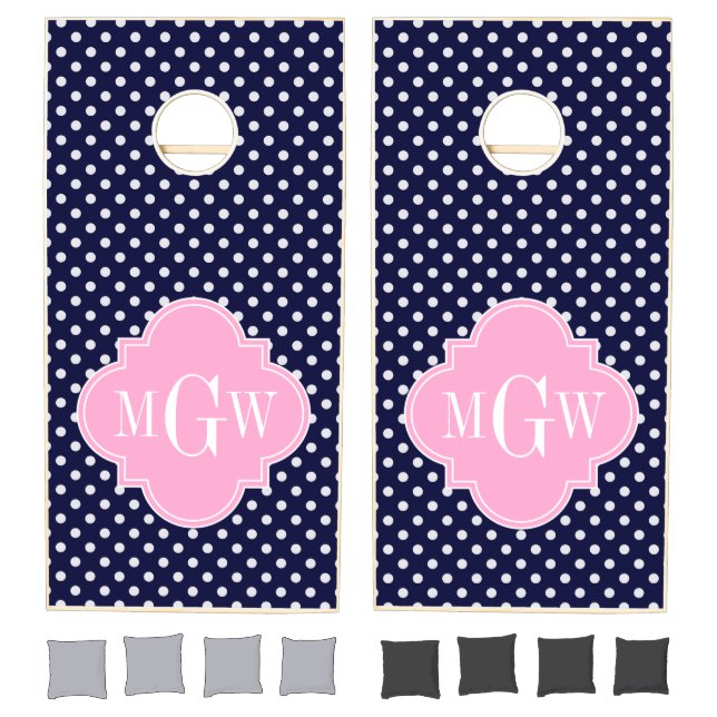 Navy White Polka Dots Pink Quatrefoil 3 Monogram Cornhole Set (Set)