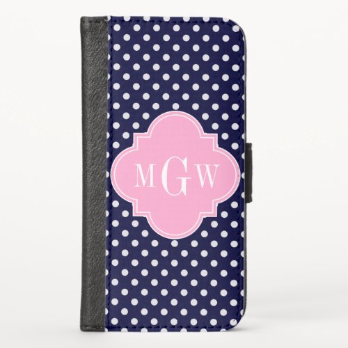 Navy White Polka Dots Pink Quatrefoil 3 Monogram iPhone X Wallet Case