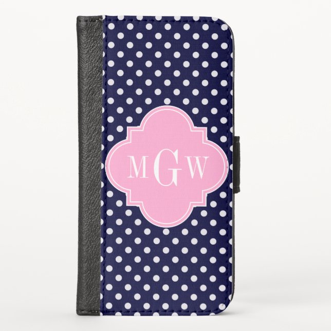 Navy White Polka Dots Pink Quatrefoil 3 Monogram iPhone Wallet Case (Front)