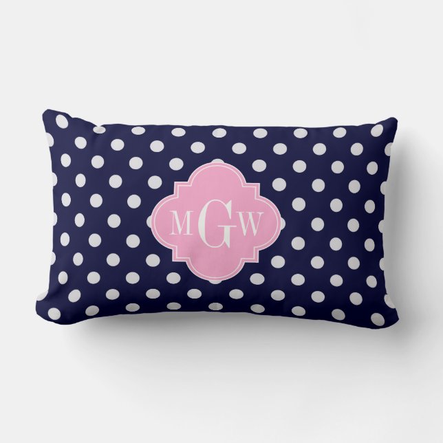 Navy White Polka Dots Pink Quatrefoil 3 Monogram Lumbar Pillow (Front)