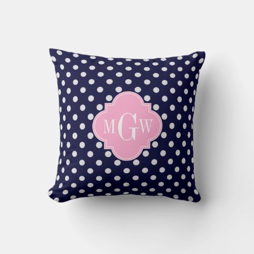 Navy White Polka Dots Pink Quatrefoil 3 Monogram Throw Pillow