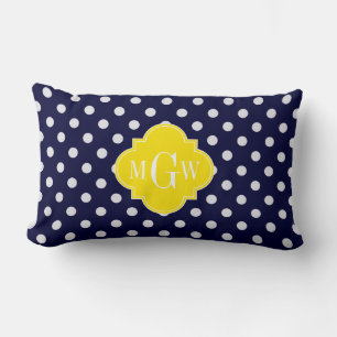 Navy White Polka Dots Yellow Quatrefoil 3 Monogram Lumbar Pillow