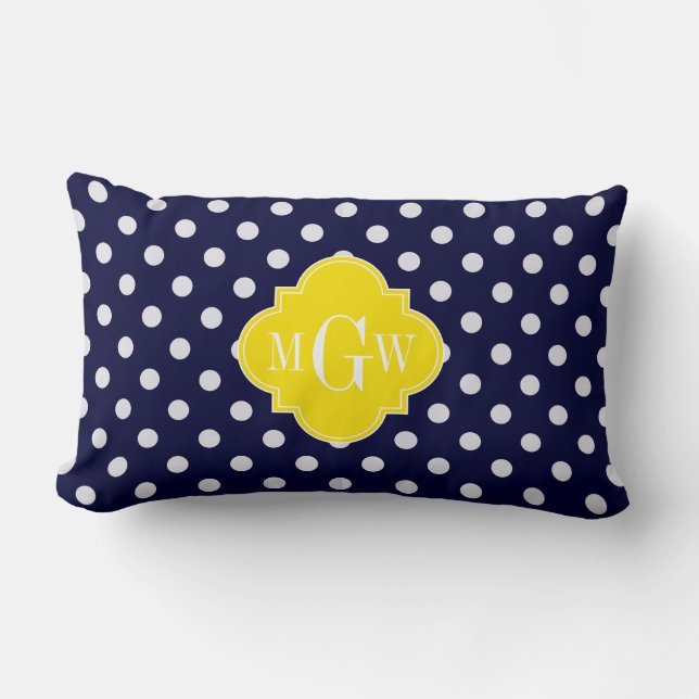 Navy White Polka Dots Yellow Quatrefoil 3 Monogram Lumbar Pillow (Front)