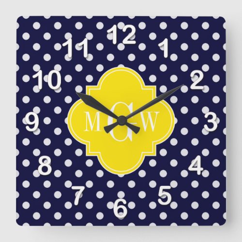 Navy White Polka Dots Yellow Quatrefoil 3 Monogram Square Wall Clock