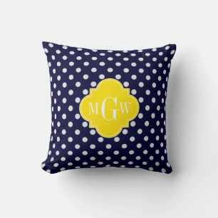 Navy White Polka Dots Yellow Quatrefoil 3 Monogram Throw Pillow