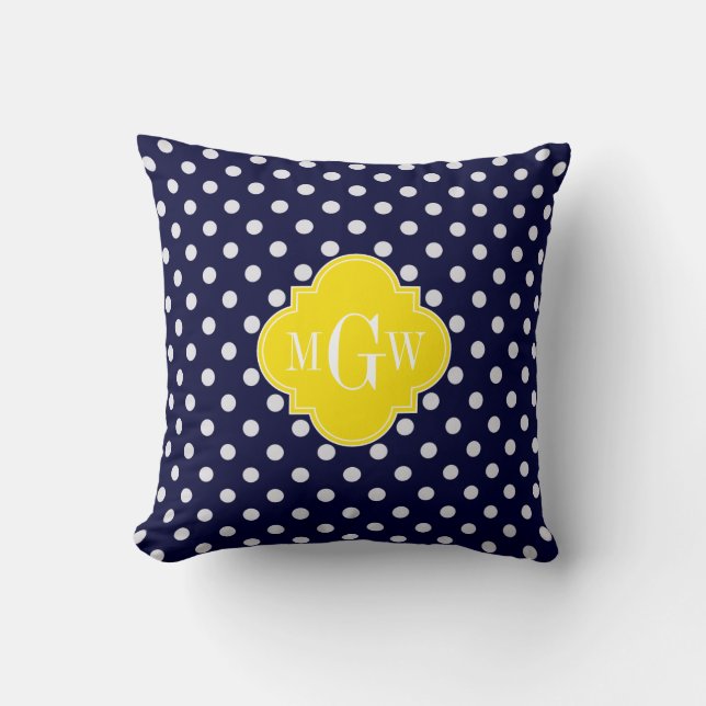 Navy White Polka Dots Yellow Quatrefoil 3 Monogram Throw Pillow (Front)