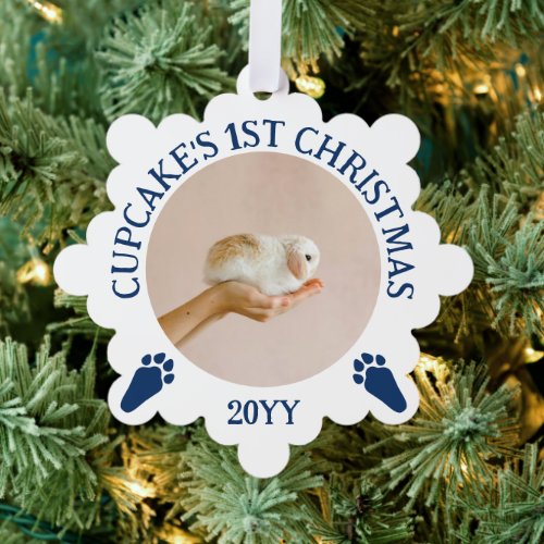 Navy White Rabbit Paw Prints Bunnys 1st Christmas Ornament Card