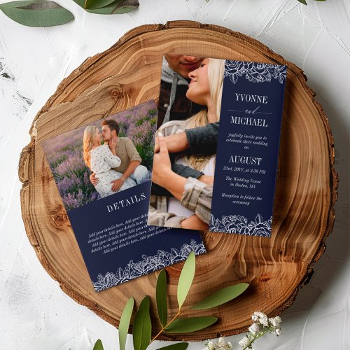 Navy White Rose Outlines 2 in 1 Photo Wedding Invitation