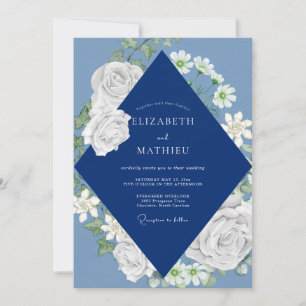 Navy White Rose Wedding Invitation