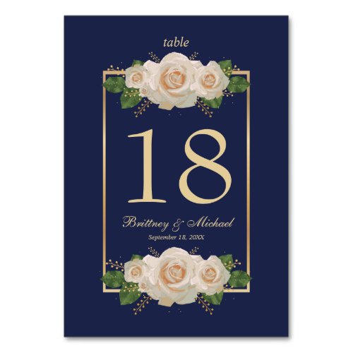 Navy White Rose with Gold Frame  Table Cards