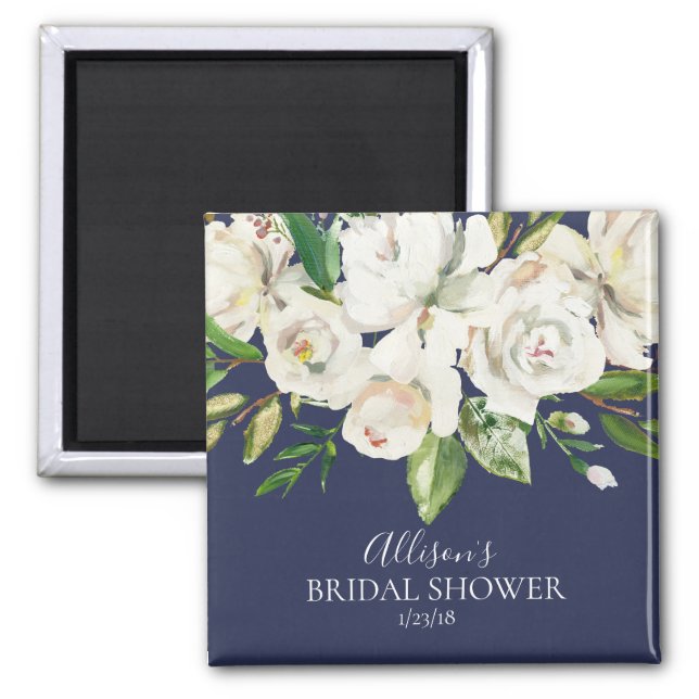 Navy & White Roses Bridal Shower Favor  Magnet (Front)