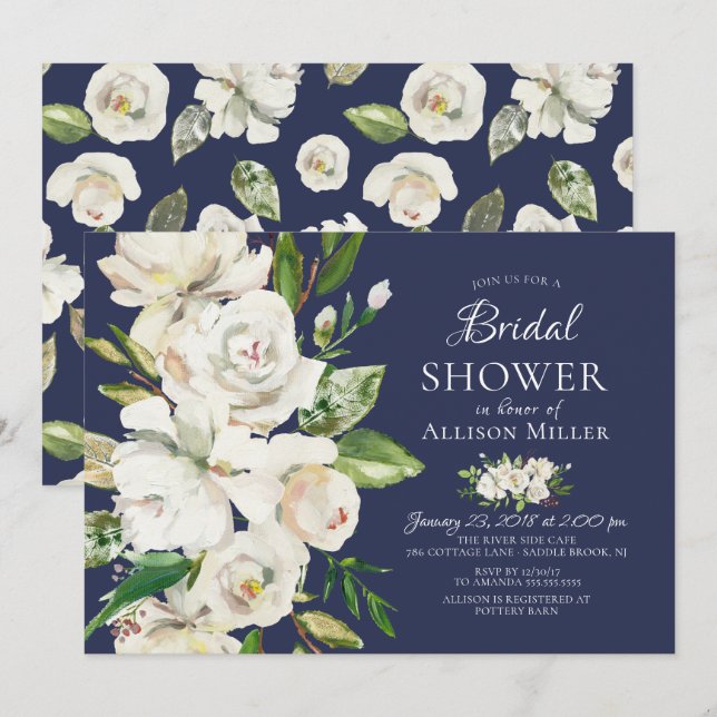 Navy White Roses Floral Bridal Shower Invitations (Front/Back)