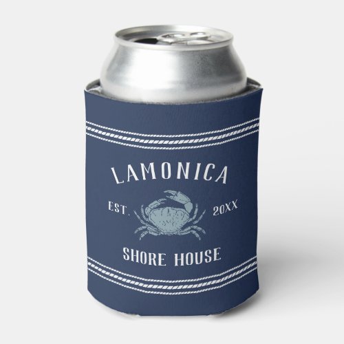 Navy  White Rustic Crab Personalized Shore House Can Cooler