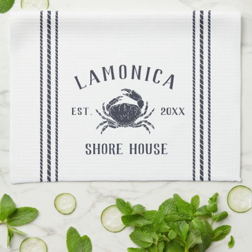 Navy  White Rustic Crab Personalized Shore House Kitchen Towel