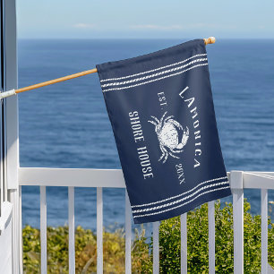 Navy & White Rustic Crab Shore House Personalized Flag