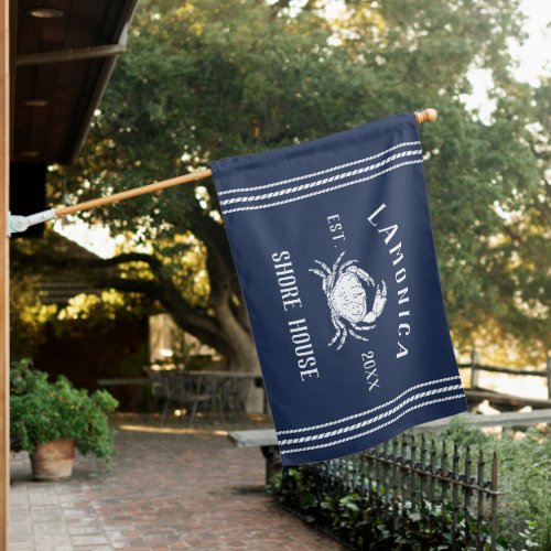 Navy  White Rustic Crab Shore House Personalized House Flag