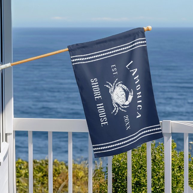 Navy & White Rustic Crab Shore House Personalized House Flag (Creator Uploaded)