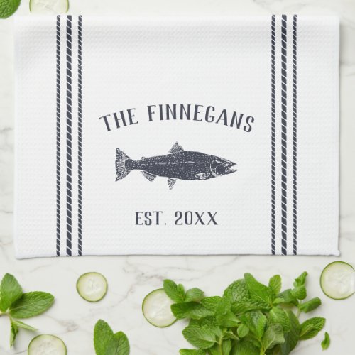 Navy  White Rustic Fish Personalized Kitchen Towel