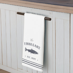 Navy & White Rustic Fish Personalized Kitchen Towel