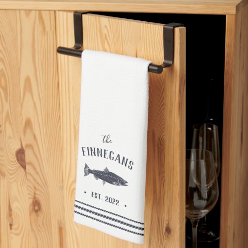 Navy  White Rustic Fish Personalized Kitchen Towel