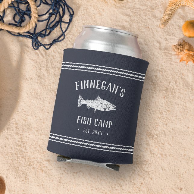 Navy & White Rustic Fishing Cabin Personalized Can Cooler (Creator Uploaded)