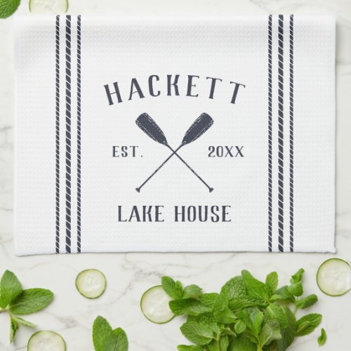 Navy  White Rustic Oars Personalized Lake House Kitchen Towel
