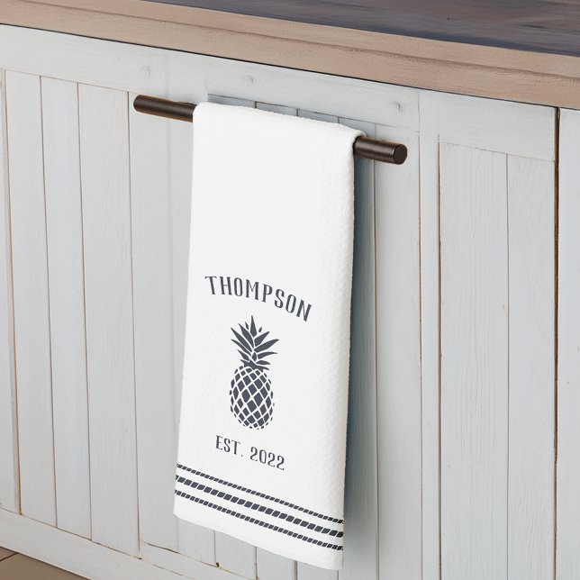 Navy & White Rustic Pineapple Personalized Kitchen Towel (Creator Uploaded)