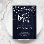 Navy White Rustic Wood 40th Birthday Party Invitation<br><div class="desc">40th Birthday Party Invitation. Rustic design with navy wood pattern. Classy invite card featuring fairy string lights and white script font. Perfect for a stylish fortieth bday celebration. Personalize with your own details. Can be customized for any age! Printed Zazzle invitations or instant download digital printable template.</div>