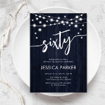 Navy White Rustic Wood 60th Birthday Party Invitation<br><div class="desc">60th Birthday Party Invitation. Rustic design with navy wood pattern. Classy invite card featuring fairy string lights and white script font. Perfect for a stylish sixtieth bday celebration. Personalize with your own details. Can be customized for any age! Printed Zazzle invitations or instant download digital printable template.</div>
