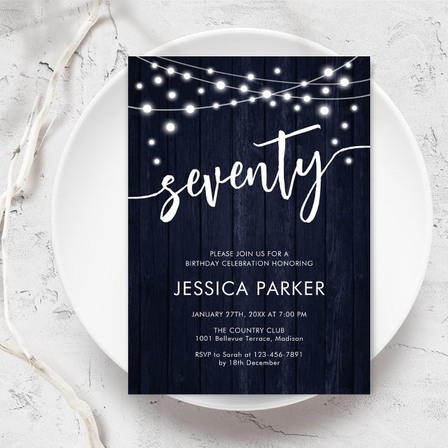 Navy White Rustic Wood 70th Birthday Party Invitation (Creator Uploaded)