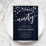 Navy White Rustic Wood 90th Birthday Party Invitation<br><div class="desc">90th Birthday Party Invitation. Rustic design with navy white wood pattern. Classy invite card featuring fairy string lights and white script font. Perfect for a stylish ninetieth bday celebration. Personalize with your own details. Can be customized for any age! Printed Zazzle invitations or instant download digital printable template.</div>