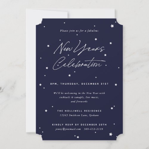 NavyWhite Script Scattered Stars New Year Party Invitation