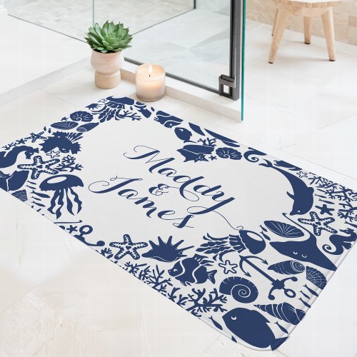 Navy &Amp;Amp; White Sea Creatures Couples Heart Monogram Bath Mat