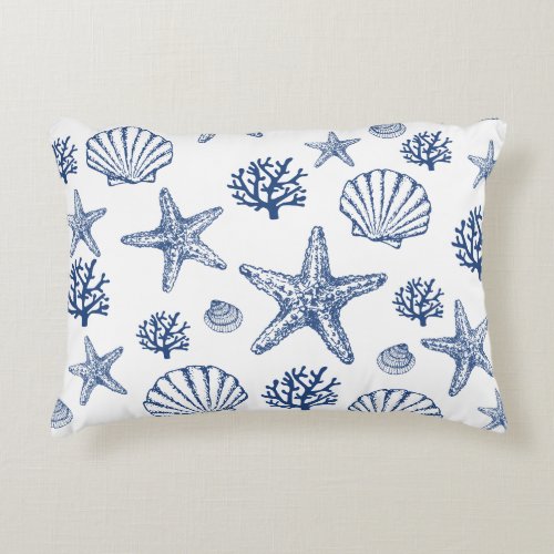 Navy White Sea Shell Pattern Coastal Design Accent Pillow