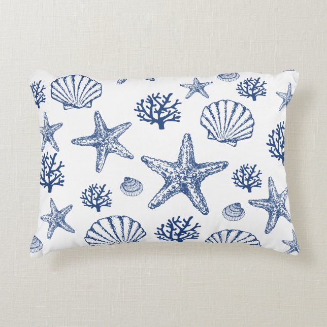 Navy White Sea Shell Pattern Coastal Design Accent Pillow (Front)