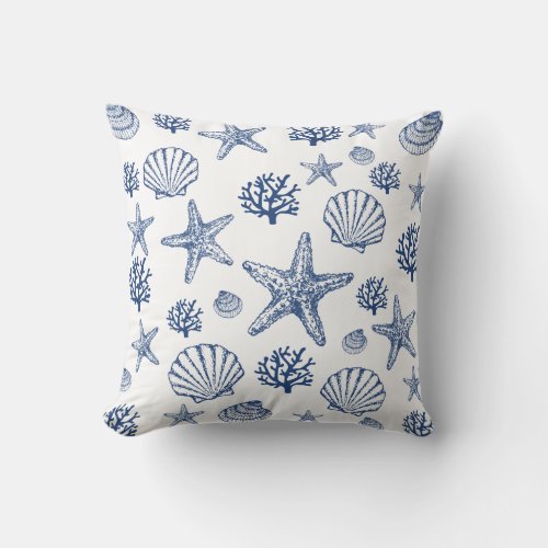 Navy White Sea Shell Pattern Coastal Design Throw Pillow