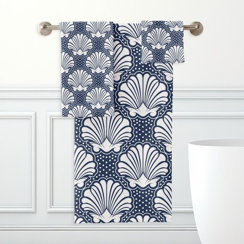 Navy &Amp;Amp; White Seashell Bath Towel Set