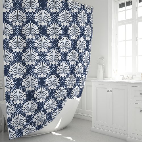 Navy &Amp;Amp; White Seashell Shower Curtain