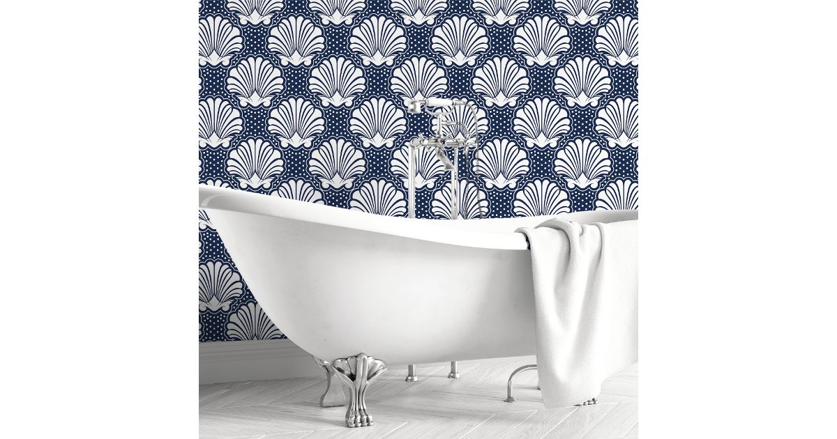 Navy Shell Background Navy & White Seashell Wallpaper | Zazzle