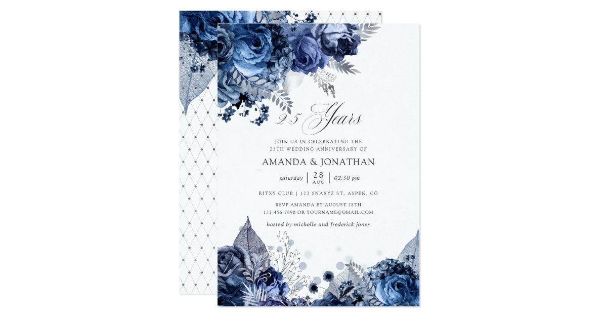 Navy & White Silver Foil 25th Wedding Anniversary Invitation | Zazzle.com
