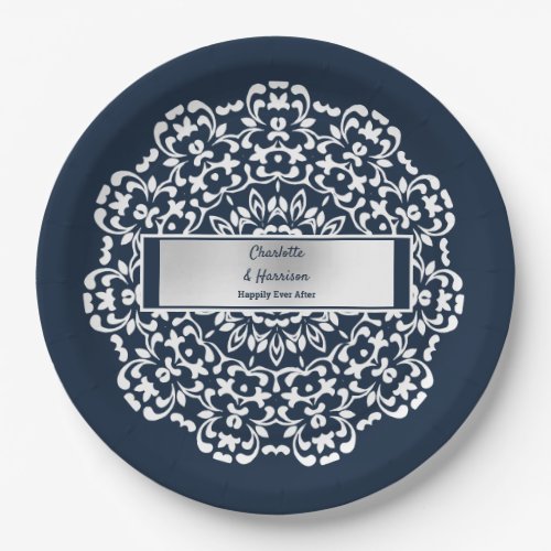 Navy White Silver Happily Ever After  Stylish Paper Plates